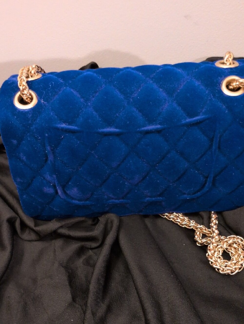 Windsor Quilted Velvet Crossbody in Royal Blue with Gold Chain - Picture 6 of 13